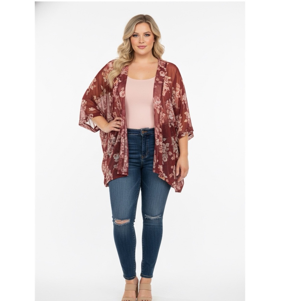 Chic Floral Kimono Wrap - Burgundy